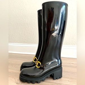 NEW GUCCI Knee High Rubber Horsebit Tall Rain Boot Nero Black Horse Size 5